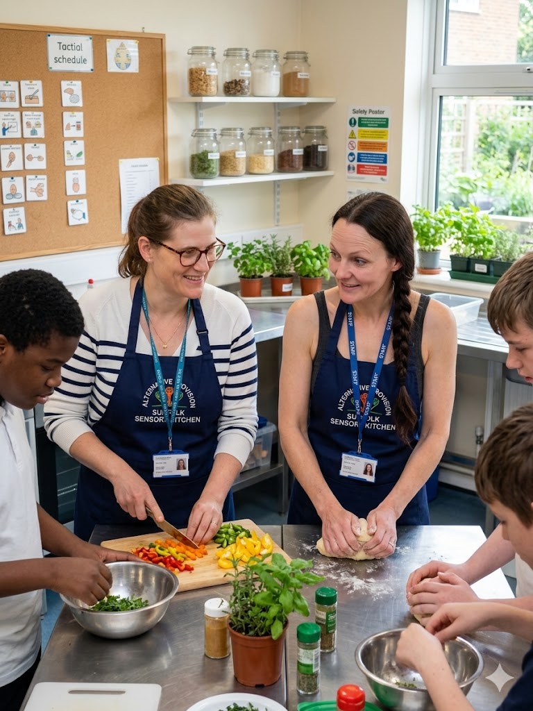 The Suffolk Sensory Kitchen directors preparing fresh herbs and vegetables alongside students at a calm kitchen workstation.